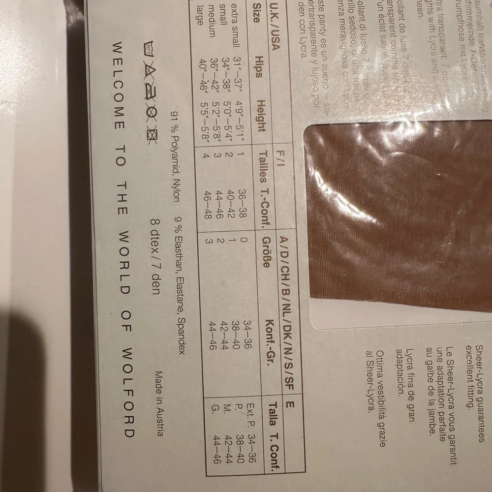 VTG Wolford Satin Dreams 7 Denier Sheer Pantyhose Tights French‎ 2 US S Caramel